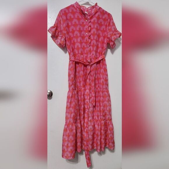 J.Marie Floral Ruffled Tiered Midi Belted Dress Resort Wear Vacation Prairie M - Picture 6 of 9